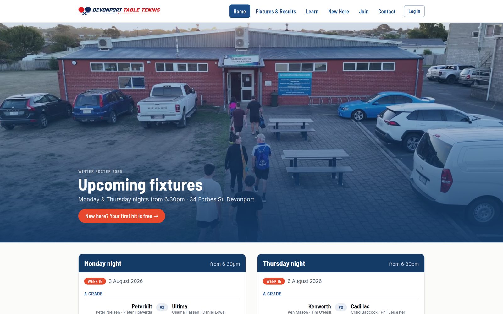 The Devonport Table Tennis club website on desktop